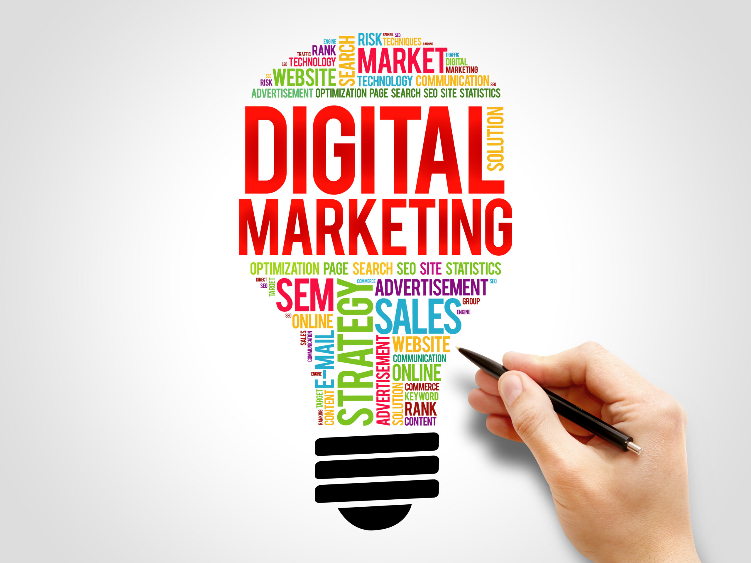 A digital marketing word cloud shaped like a lightbulb, featuring terms like SEO, sales, strategy, advertisement, and optimization.