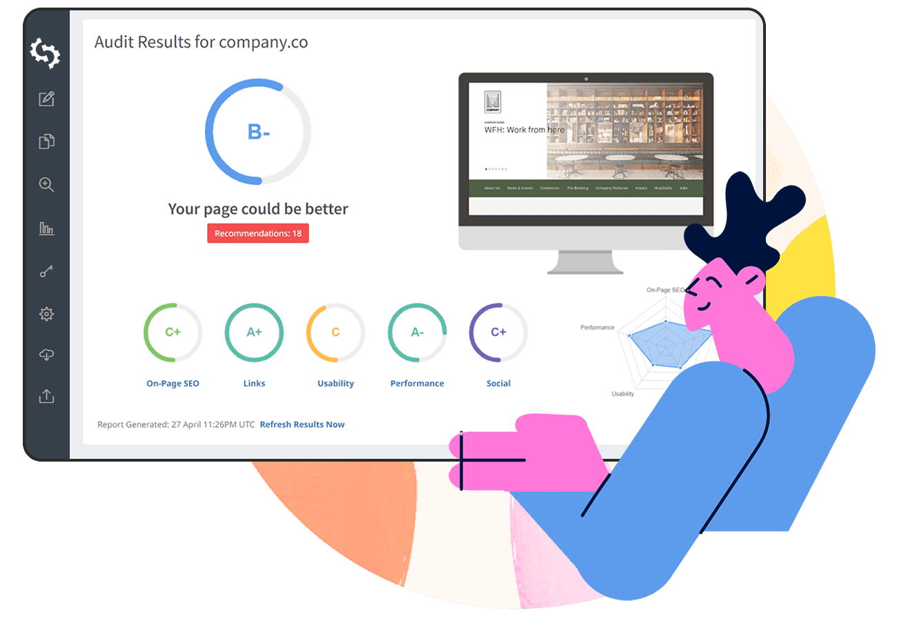 Example SEO audit report showing website performance scores for on-page SEO, links, usability, and social metrics.
