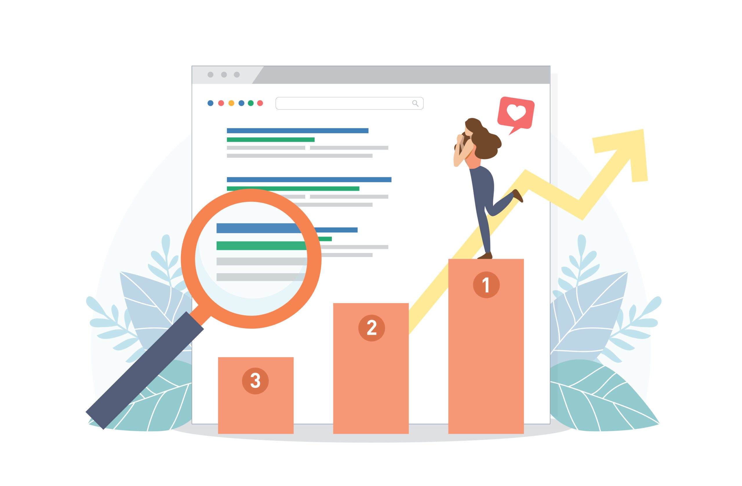 Illustration of a woman reaching the #1 position on Google search rankings, symbolizing SEO success and digital marketing growth.